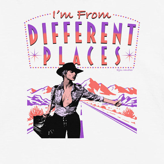 White t-shirt with graphic design and text 'I'm From Different Places' on a white background