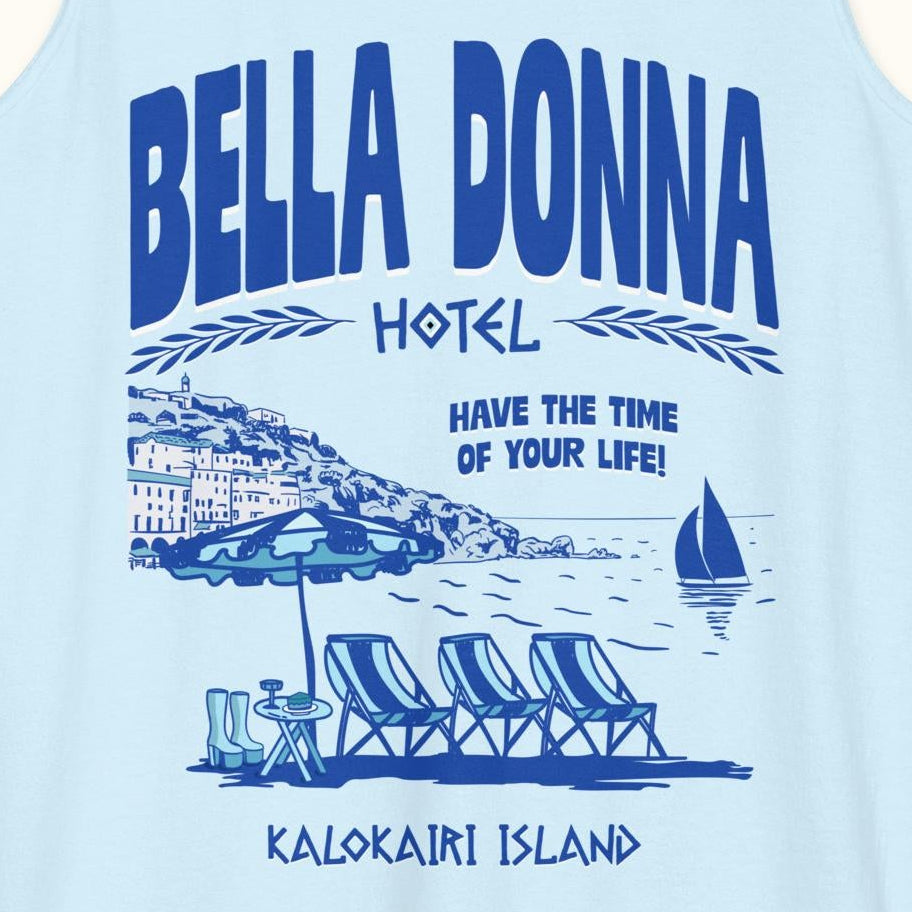 Light blue tank top with Bella Donna Hotel graphic on a white background