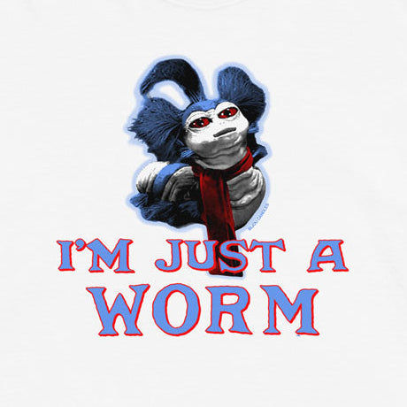 A white short-sleeve t-shirt with a graphic of a cartoon worm wearing a blue and red jester hat, above the text 'I'M JUST A WORM' in blue and red outlined letters.