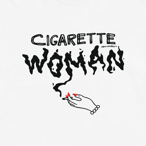 A white short-sleeve t-shirt with a black graphic print reading 'CIGARETTE WOMAN' and an illustration of a hand holding a lit cigarette, shown flat against a light cream background.
