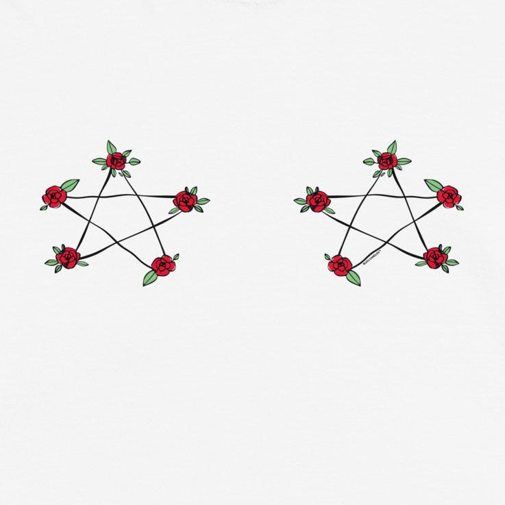 A white short-sleeve crewneck t-shirt featuring two matching graphic prints on the chest. Each print shows a black pentagram outline decorated with small red roses and green leaves, set against a plain off-white background.