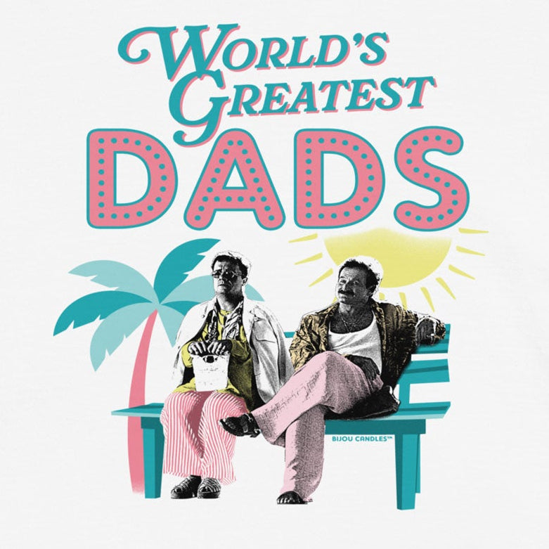 White t-shirt with 'World's Greatest Dads' graphic on a white background