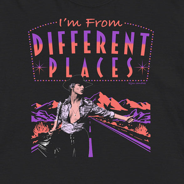 Black t-shirt with colorful graphic and text 'I'm From Different Places' on a white background