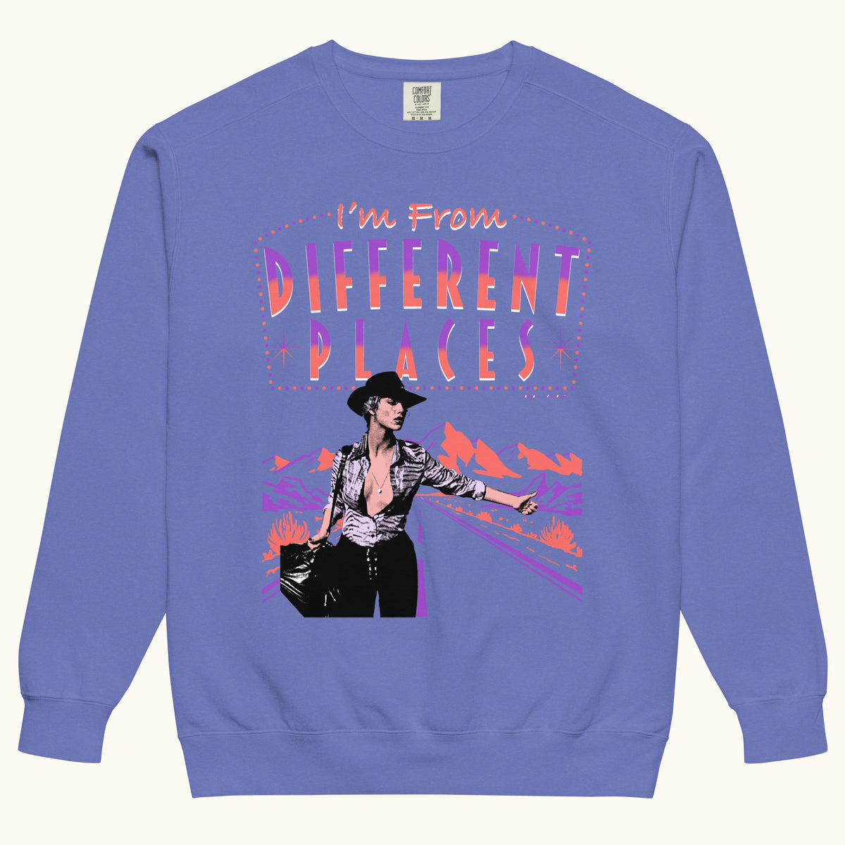 Different Places Showgirls Unisex Sweatshirt in Flo Blue, Premium fabric