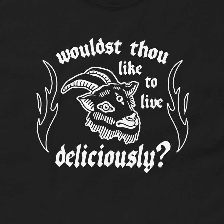 Black t-shirt with white graphic and text on a white background