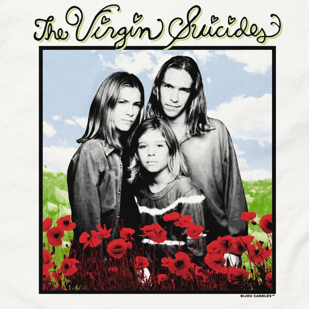 White t-shirt with 'The Virgin Suicides' graphic featuring three people in a field of flowers.