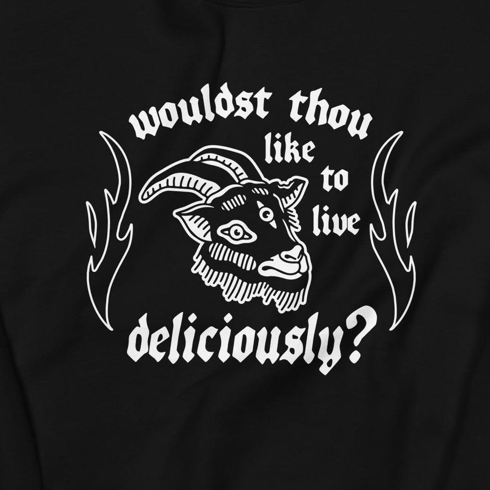 Black sweatshirt with white graphic and text on a white background