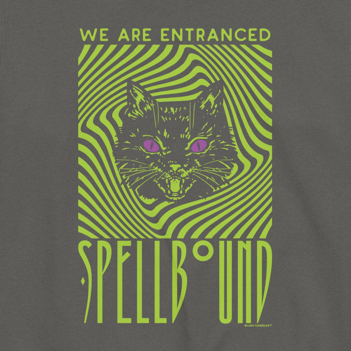A dark gray crewneck sweatshirt featuring a green and purple graphic print of a cat's face inside wavy green stripes, with the text 'WE ARE ENTRANCED' above and 'SPELLBOUND' below.