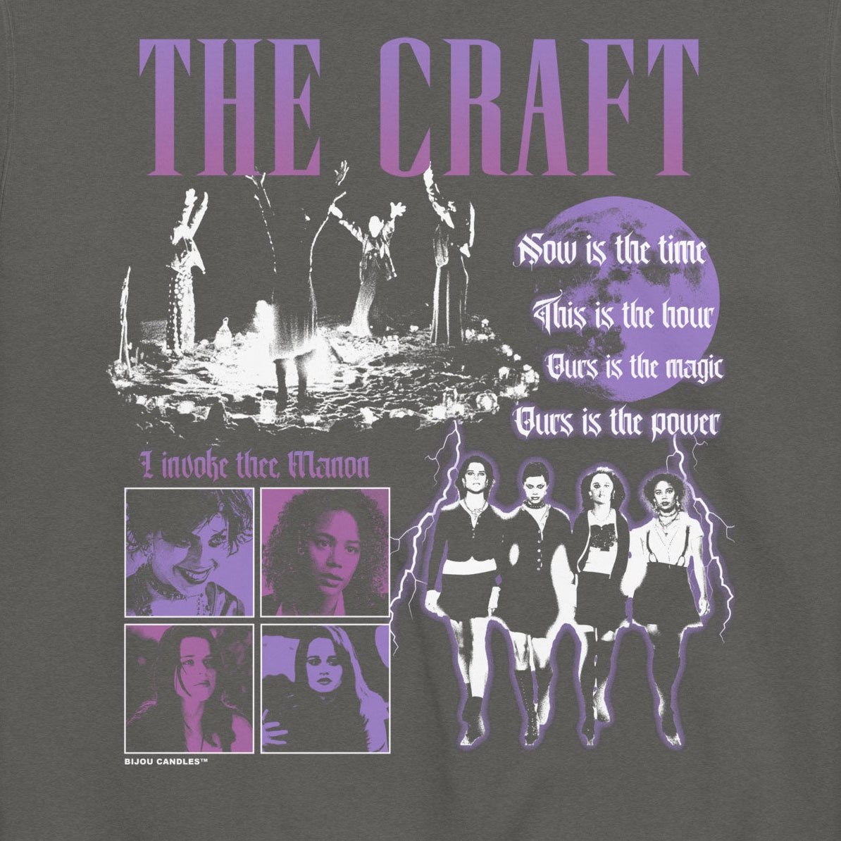 A dark gray crewneck sweatshirt featuring a purple and white graphic print for the band 'The Craft'. The design includes the band's name in large purple letters, a stage scene, lyrics from 'How is the time', a photo grid, and a silhouette of the five members against a purple moon graphic.