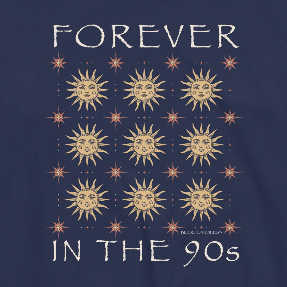A navy blue crewneck sweatshirt featuring a graphic print of twelve gold suns arranged in a grid, with the words 'FOREVER' above and 'IN THE 90s' below in a white serif font.