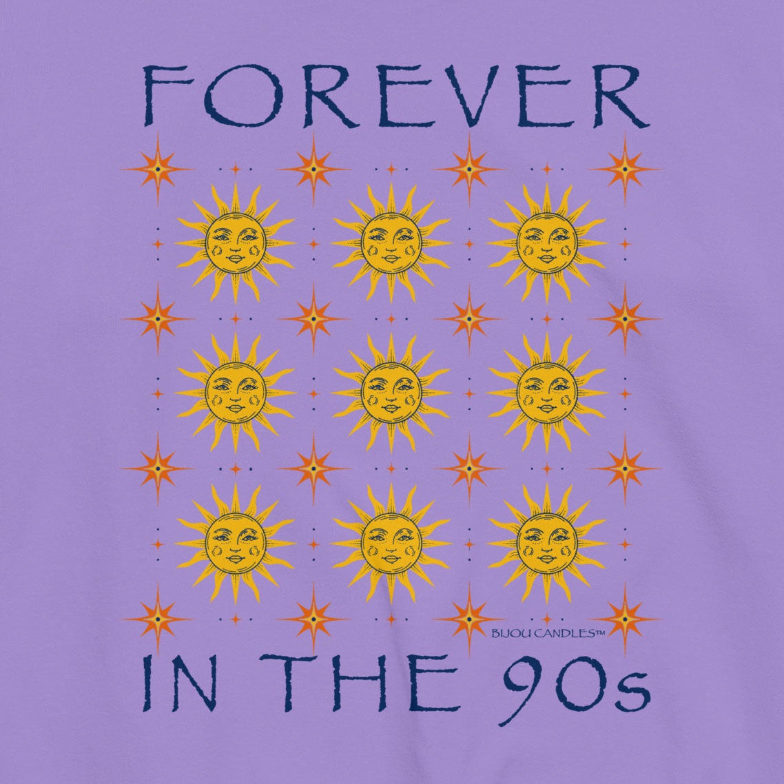 A lavender crewneck sweatshirt featuring a graphic print of yellow smiling suns in a grid with orange starbursts, framed by the text 'FOREVER' at the top and 'IN THE 90s' at the bottom.