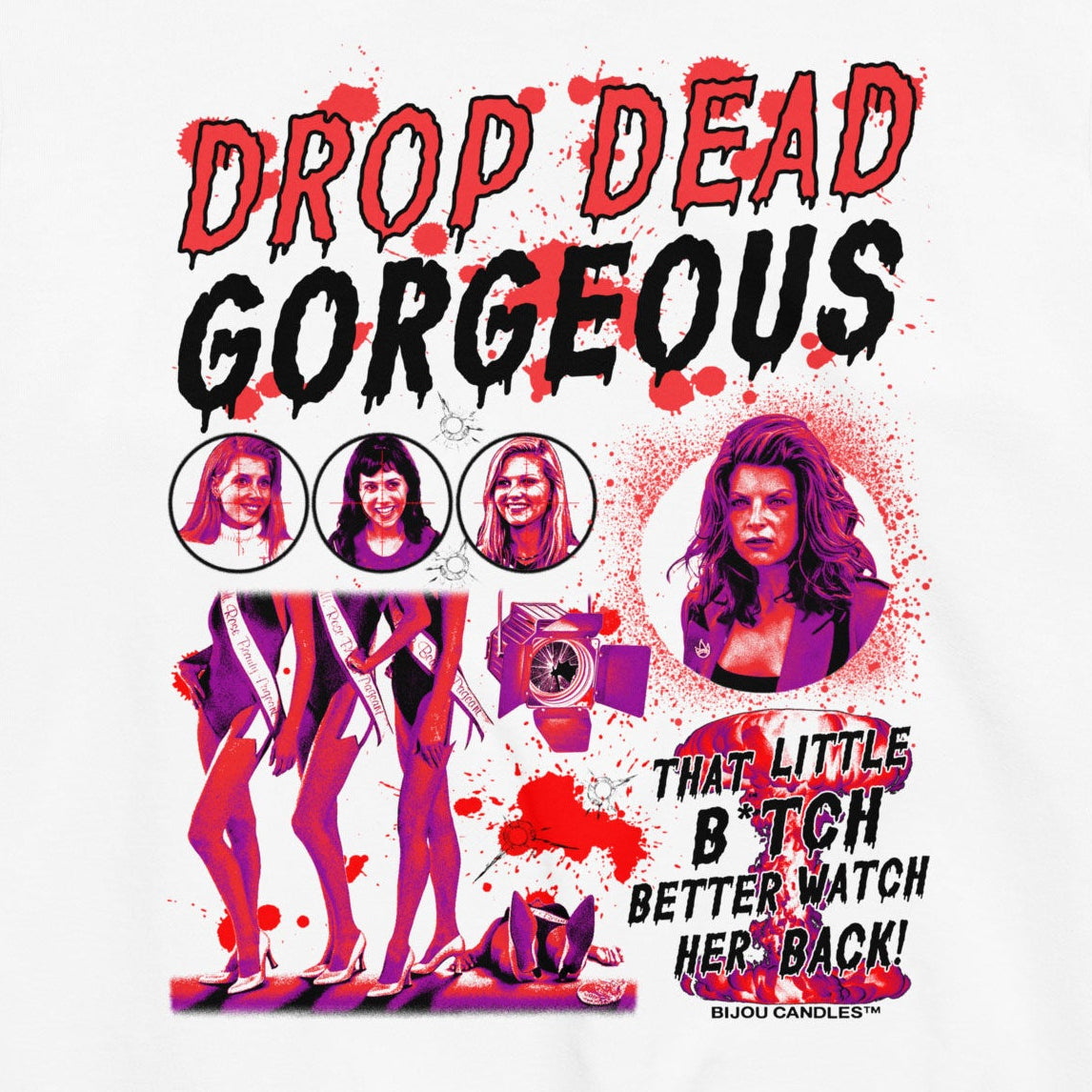 A white crewneck sweatshirt featuring a bold, graphic horror-themed print on the front with the text 'DROP DEAD GORGEOUS' in red and black, accompanied by stylized illustrations of women and provocative text.