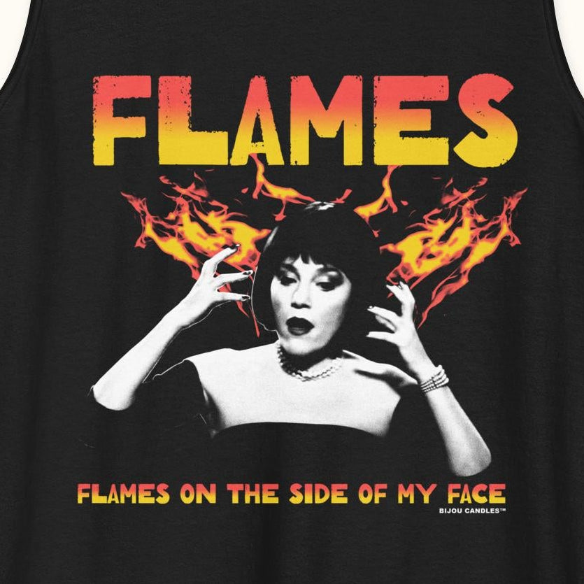 Black tank top with a graphic design of a woman with flames and text on a white background