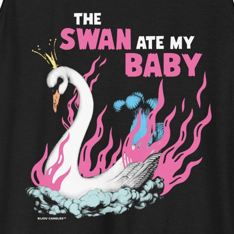 Black tank top with a swan graphic and text on a white background