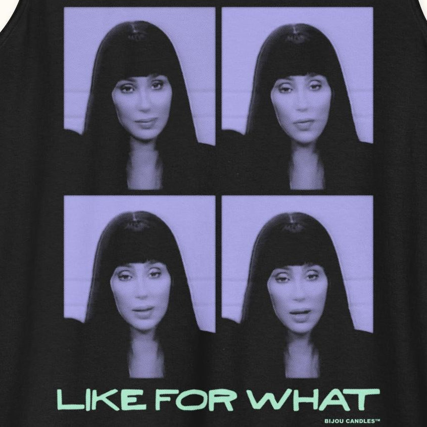 Black tank top with graphic design and text on a white background