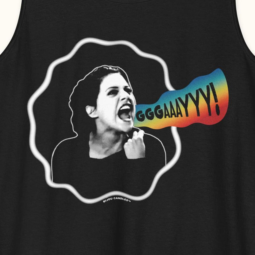 Black tank top with graphic design of a person and colorful text on a white background