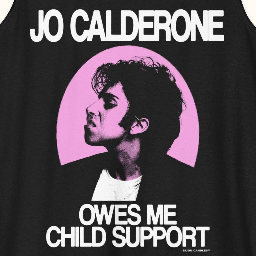 Black tank top with graphic design and text on a white background