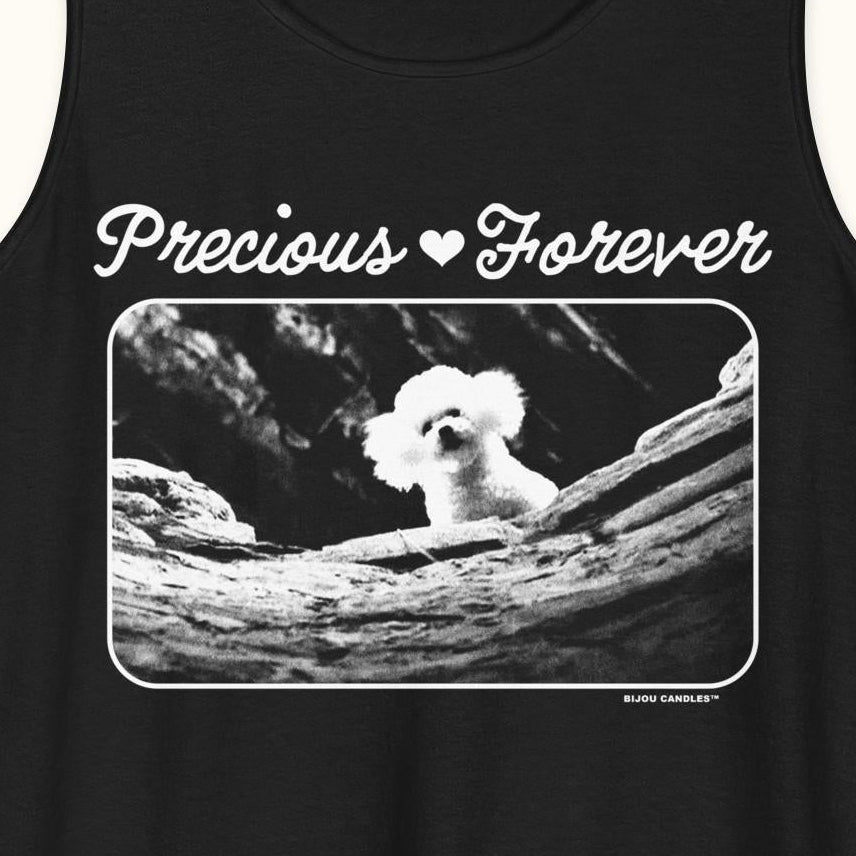 Black tank top with a graphic of a dog and text 'Precious Forever' on a white background