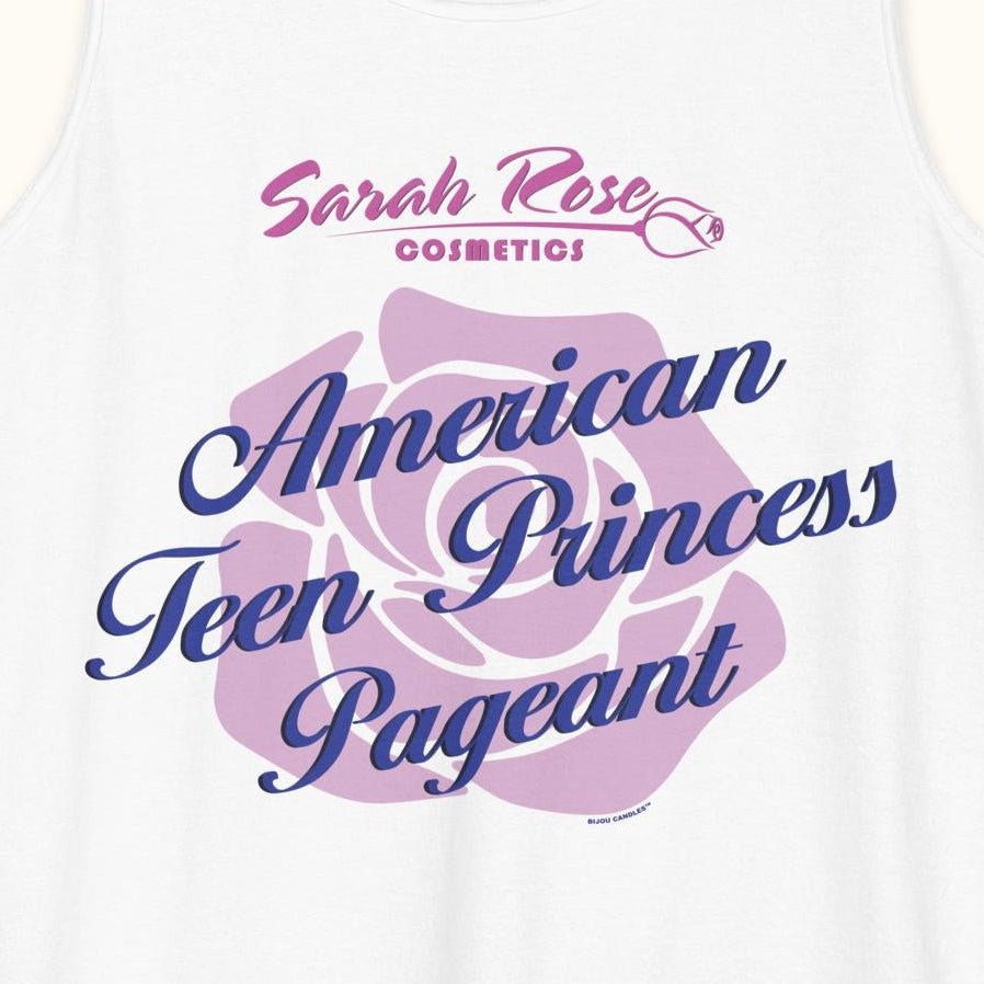White tank top with 'American Teen Princess Pageant' text and logo on a white background