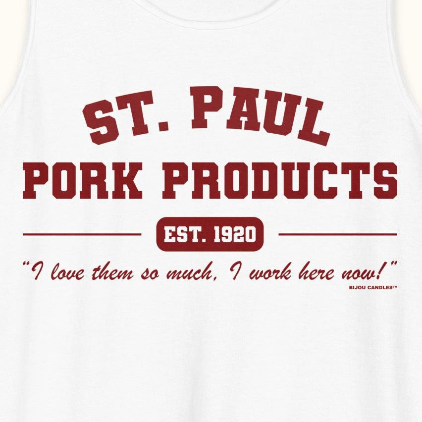 White tank top with red text 'St. Paul Pork Products' on a white background