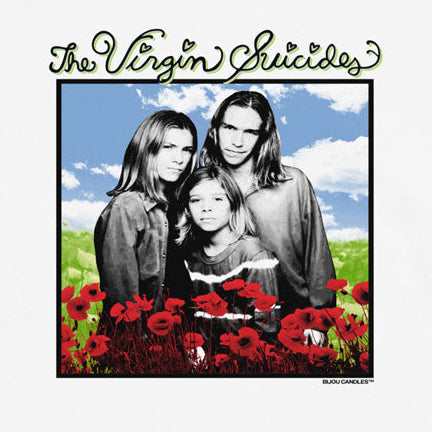 A white short-sleeve graphic t-shirt featuring a print of The Virgin Quilties with a black-and-white portrait of the band members, red poppy flowers, and a blue sky background.